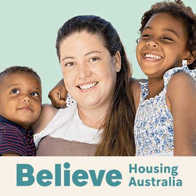 Believe Housing logo and pic of young family